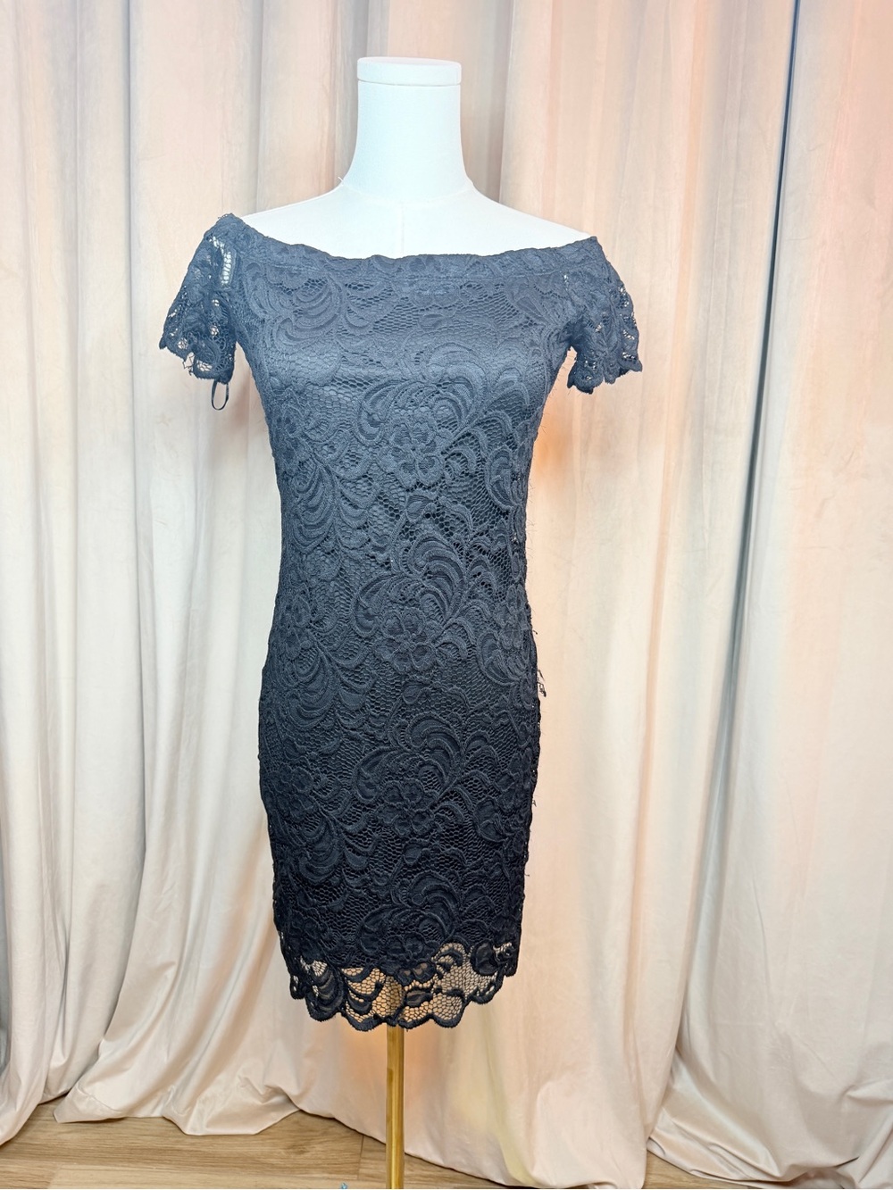 Ambiance Black Off-Shoulder Lace Midi Dress